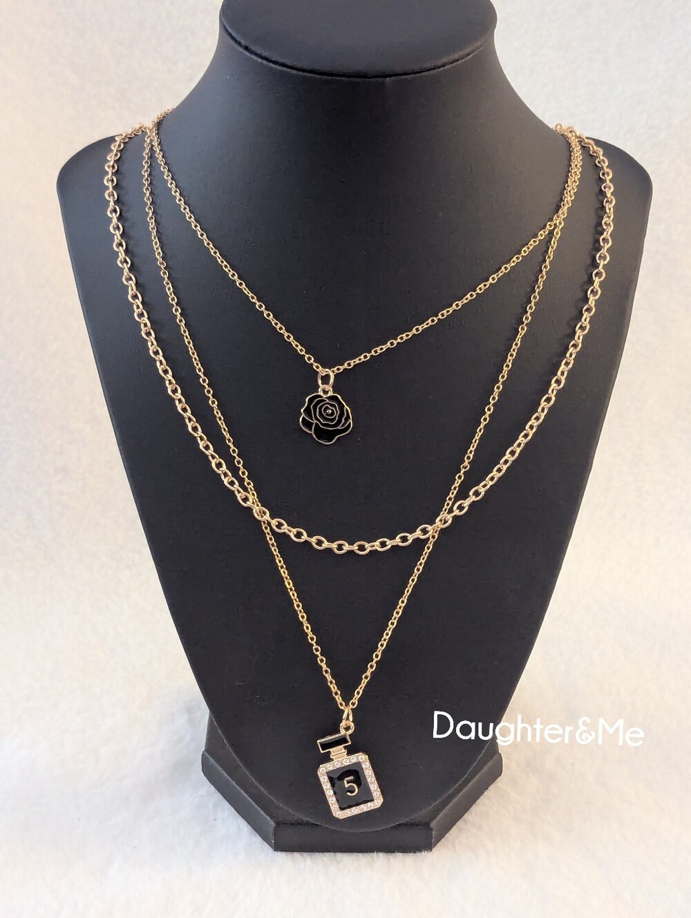 Fashion Jewelry Gold Layered Necklace Set with Black Rose & Pendant - Picture 5 of 5